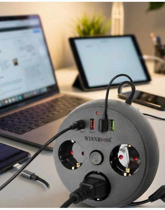 Çoklu Priz Akım Koruma 3 Soket 3 USB Type C Hızlı Şarj 2m Uzatma Kablosu