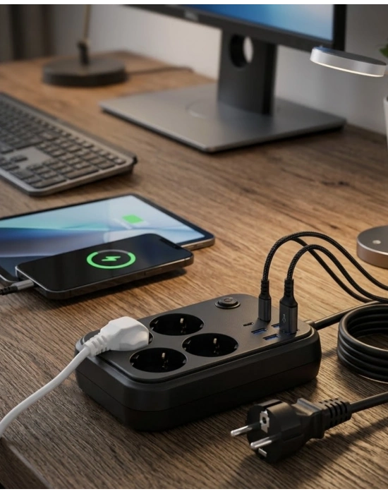 Çoklu Priz ve USB Şarj Ünitesi 4 Soket 2 Type C Güvenli Enerji Yönetimi