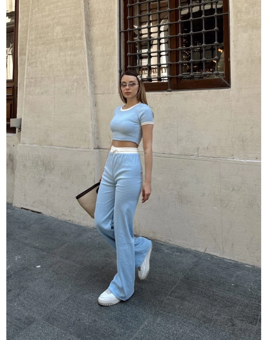 Crop pantolon biyeli takım mavi