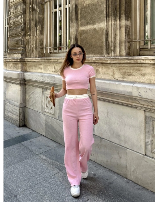 Crop pantolon biyeli takım pembe