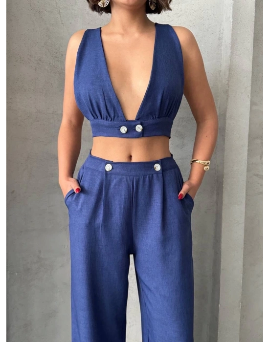 Crop pantolon keten takım s255012
