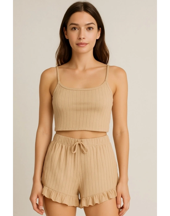 Crop Takım - Askılı Crop Takım Likralı Bej (xl)