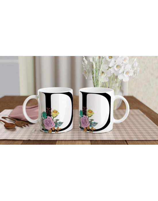 D Harfi Çiçek Motifli Kupa Bardak