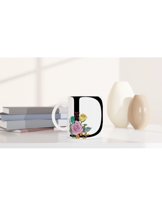 D Harfi Çiçek Motifli Kupa Bardak