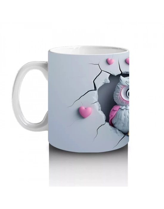 Dalda Oturan Aşık Baykuşlar ve Kalpler – Baskılı Kahve Kupası