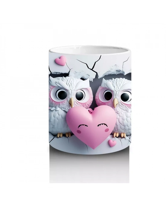 Dalda Oturan Aşık Baykuşlar ve Kalpler – Baskılı Kahve Kupası