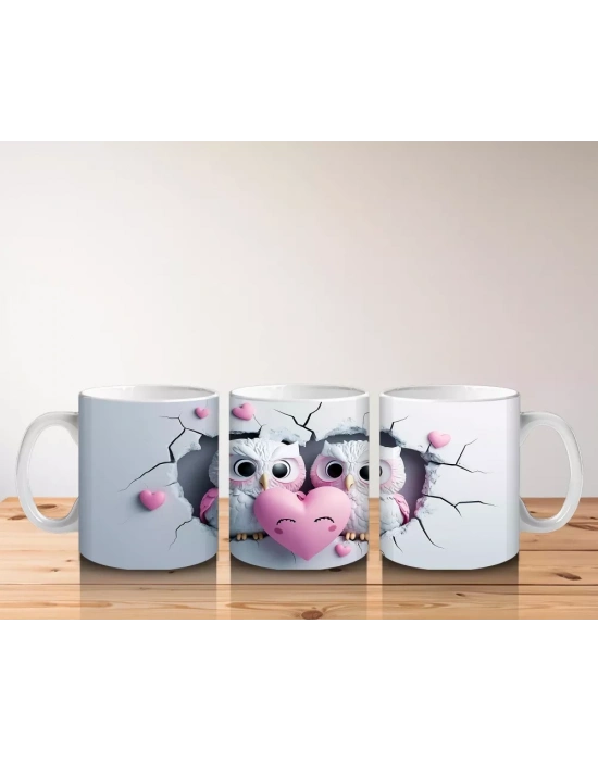 Dalda Oturan Aşık Baykuşlar ve Kalpler – Baskılı Kahve Kupası