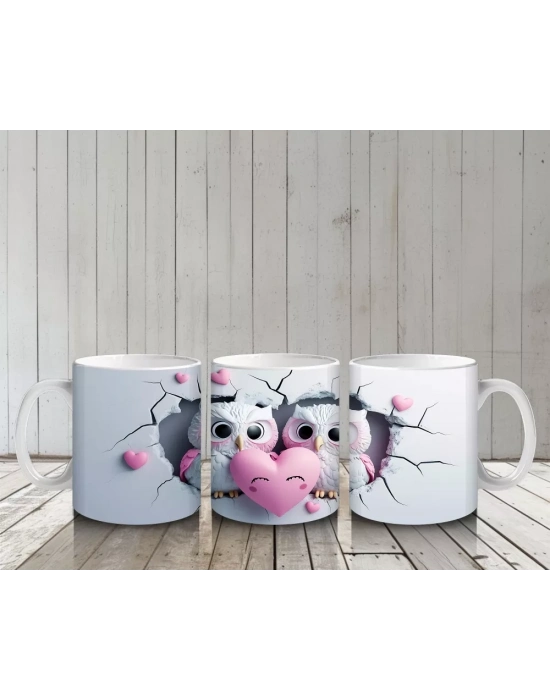 Dalda Oturan Aşık Baykuşlar ve Kalpler – Baskılı Kahve Kupası