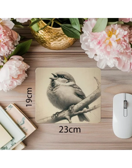 Dalda Oturan Serçe Çizimli Mousepad – Minimal Tarz - 19x23 cm 2 mm Dikdörtgen İthal Baskılı Mouse Pad