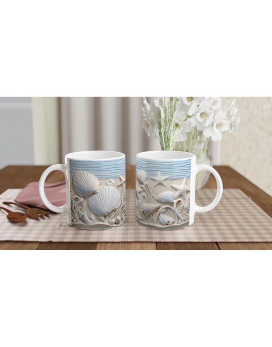 Dalgalar ve Deniz Bitkileriyle Süslenmiş Kabuklu Su Altı Temalı Kupa Bardak