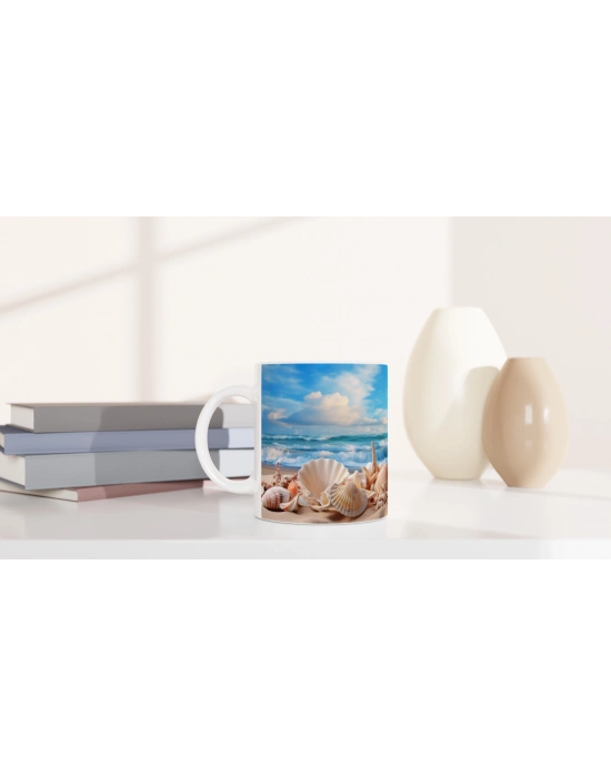 Dalgaların Kıyıya Taşıdığı Kabuklar Temalı Kupa Bardak