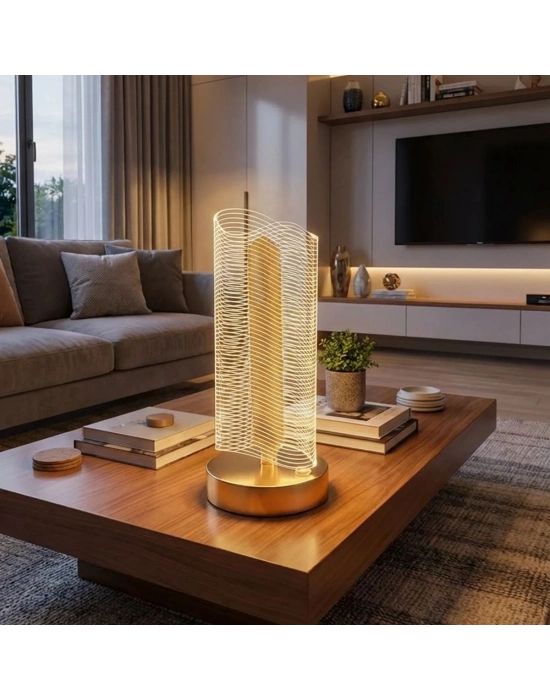 Dalgalı Silindirik Kristal Çizgili Model LED Masa ası – Gold Tabanlı, Dokunmatik, 3 Renk Işık Modlu, Şarjlı Modern Dekoratif Gece ası