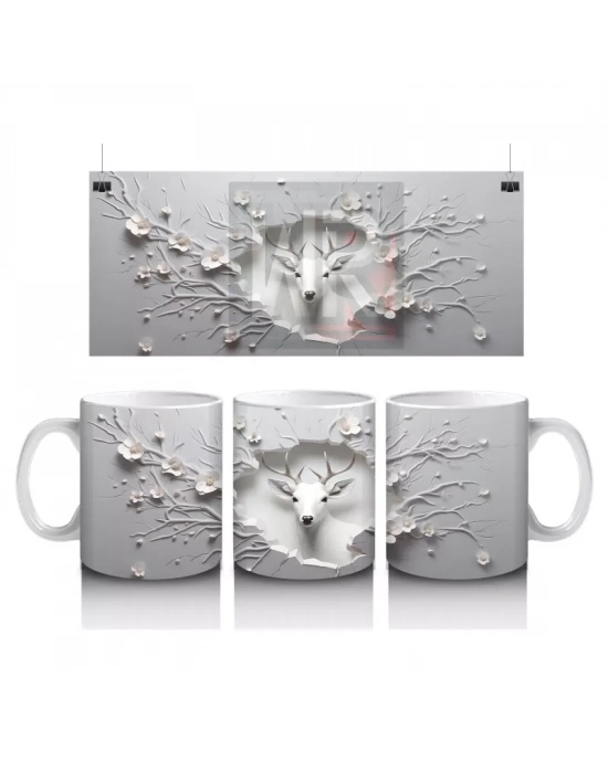 Dallarla Süslenmiş Çatlakta Beliren Beyaz Geyik – Baskılı Kahve Kupası