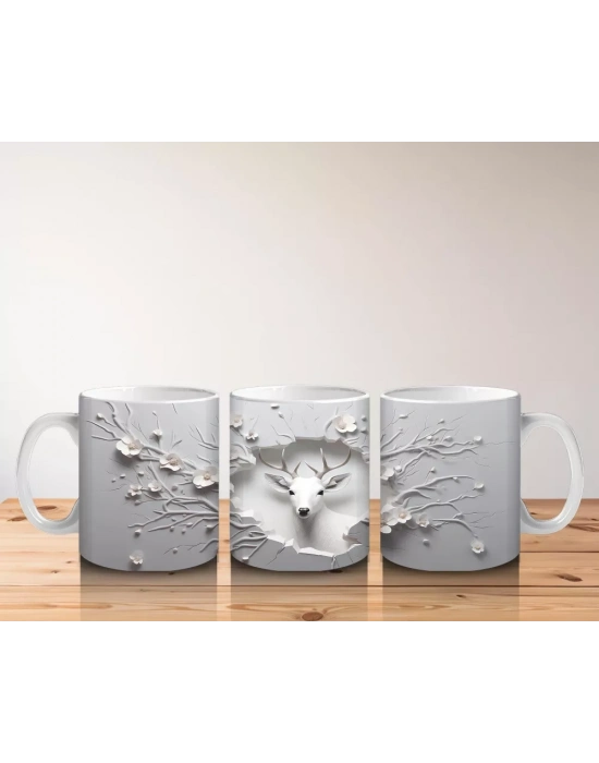 Dallarla Süslenmiş Çatlakta Beliren Beyaz Geyik – Baskılı Kahve Kupası