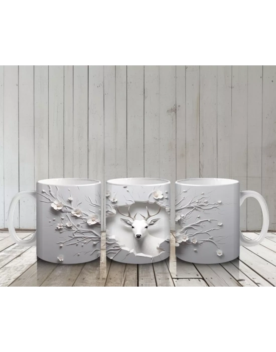 Dallarla Süslenmiş Çatlakta Beliren Beyaz Geyik – Baskılı Kahve Kupası