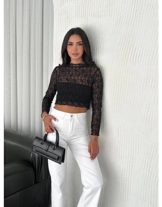 Dantel Uzun Kol Bluz- Siyah -