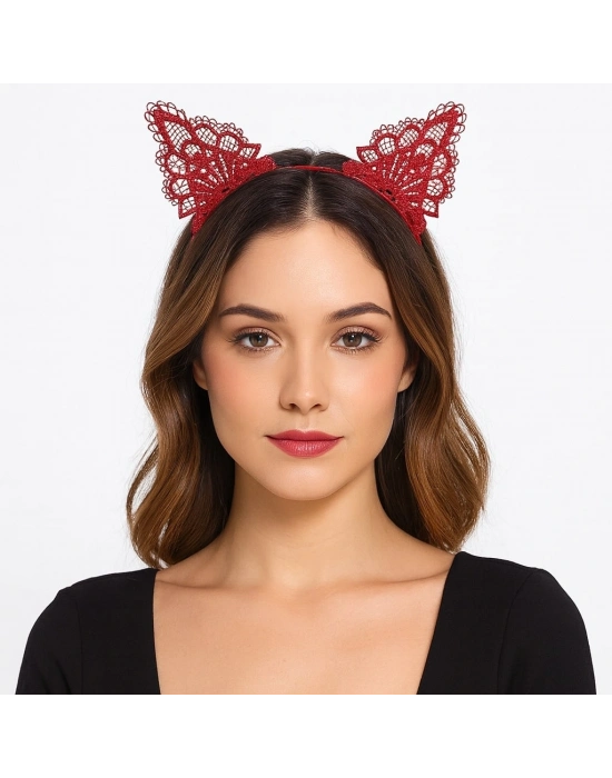 Dantelli Kırmızı Kedi Tacı - Vintage Tarz Dantel Kedi Kulak