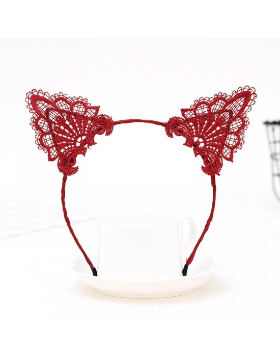 Dantelli Kırmızı Kedi Tacı - Vintage Tarz Dantel Kedi Kulak