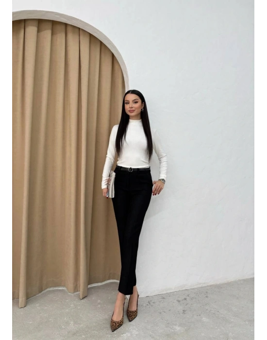 Dar paça kemerli kumaş pantolon siyah pt53