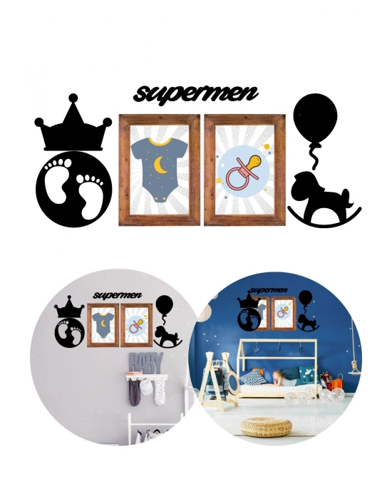 ®  DECO103 Supermen Dekoratif Duvar Süsü Tablo Aksesuar Ahşap Tasarım Hediye Pano Sticker Seti