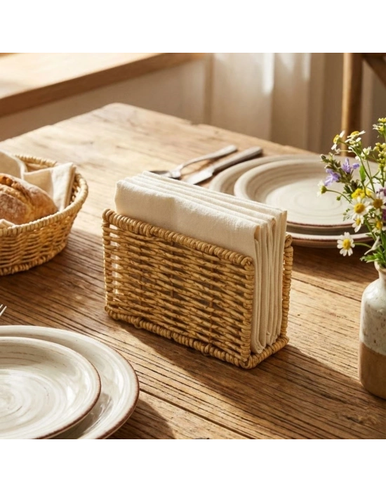 ®  Dekoratif Plastik Rattan Dikdörtgen Peçetelik–Doğal Hasır Dokulu Masaüstü Peçete Standı