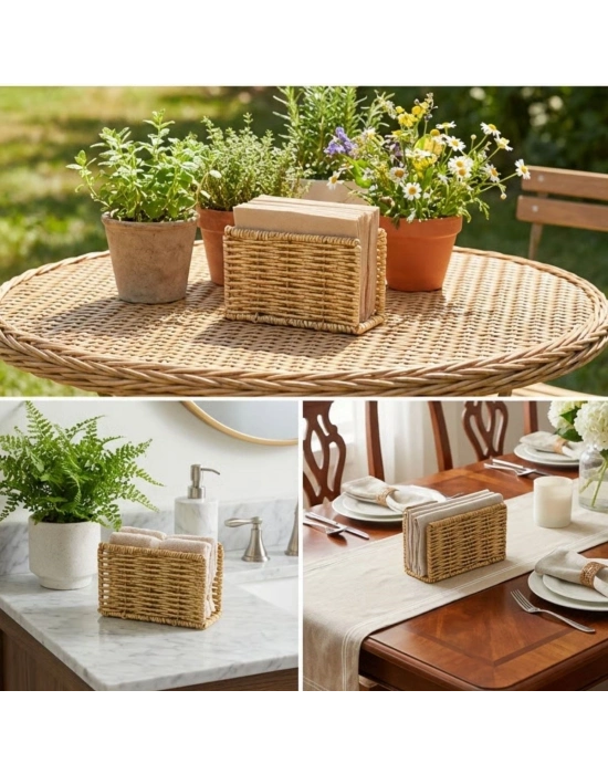 ®  Dekoratif Plastik Rattan Dikdörtgen Peçetelik–Doğal Hasır Dokulu Masaüstü Peçete Standı