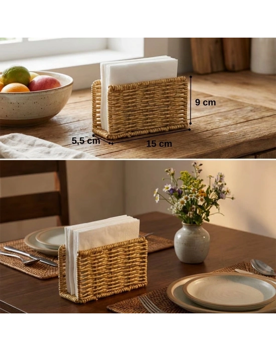 ®  Dekoratif Plastik Rattan Dikdörtgen Peçetelik–Doğal Hasır Dokulu Masaüstü Peçete Standı