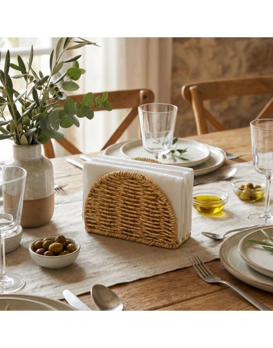 ®  Dekoratif Plastik Rattan Yarım Yuvarlak Peçetelik–Doğal Hasır Dokulu Masaüstü Peçete Standı