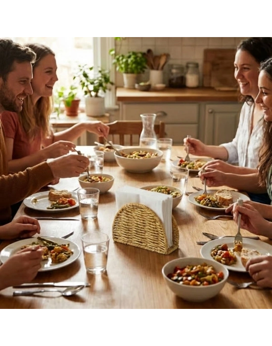 ®  Dekoratif Plastik Rattan Yarım Yuvarlak Peçetelik–Doğal Hasır Dokulu Masaüstü Peçete Standı