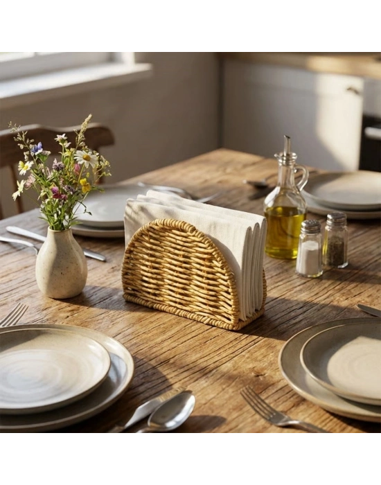 ®  Dekoratif Plastik Rattan Yarım Yuvarlak Peçetelik–Doğal Hasır Dokulu Masaüstü Peçete Standı