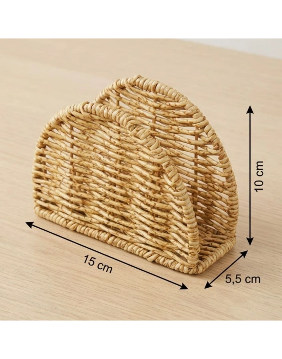 ®  Dekoratif Plastik Rattan Yarım Yuvarlak Peçetelik–Doğal Hasır Dokulu Masaüstü Peçete Standı