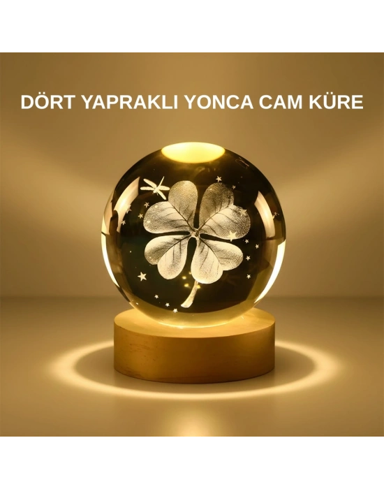 Dekoratif Yonca Görünümlü Işıklı Kristal Cam Küre USB Masa Gece Lambası
