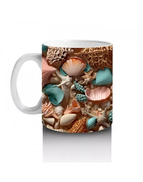 Deniz Kabuğu ve Mercan Desenleriyle Süslenmiş Okyanus Temalı Kompozisyon - Baskılı kahve kupası