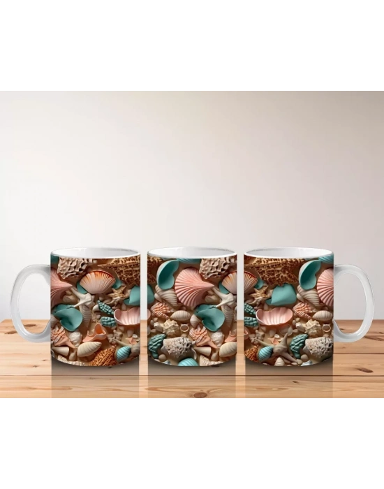 Deniz Kabuğu ve Mercan Desenleriyle Süslenmiş Okyanus Temalı Kompozisyon - Baskılı kahve kupası