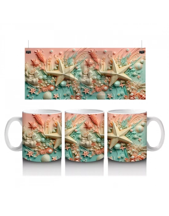 Deniz Kabukları ve Deniz Yıldızlarıyla Süslenmiş Tropik Desen – Baskılı Kahve Kupası