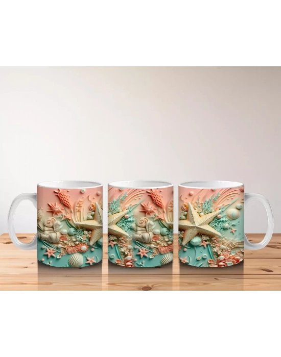 Deniz Kabukları ve Deniz Yıldızlarıyla Süslenmiş Tropik Desen – Baskılı Kahve Kupası