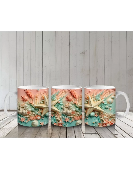 Deniz Kabukları ve Deniz Yıldızlarıyla Süslenmiş Tropik Desen – Baskılı Kahve Kupası