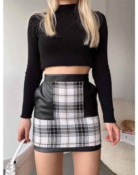 Deri cep garnili kaşe etek siyah h24604