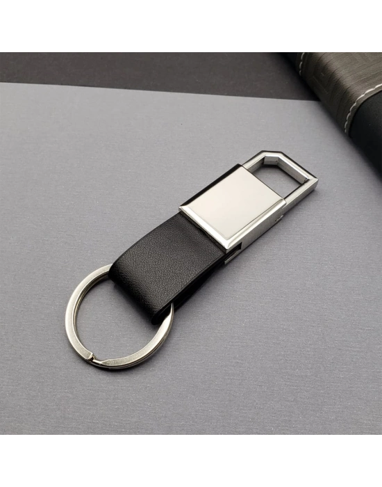 Deri Siyah Gümüş Metal Anahtarlık