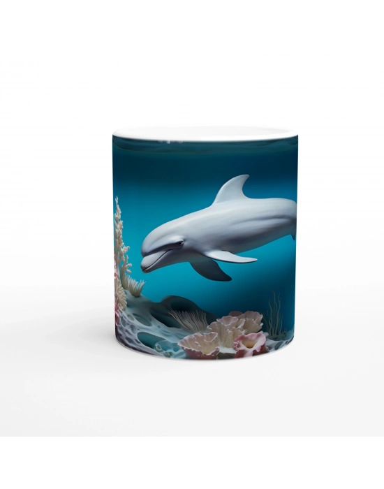 Derin Denizlerde Yüzen Yunus Desenli Su Altı Temalı Kupa Bardak