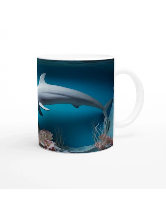 Derin Denizlerde Yüzen Yunus Desenli Su Altı Temalı Kupa Bardak