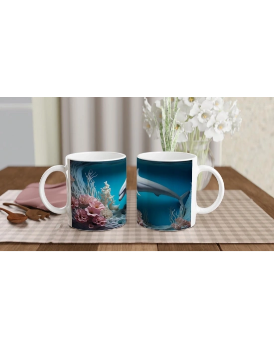 Derin Denizlerde Yüzen Yunus Desenli Su Altı Temalı Kupa Bardak