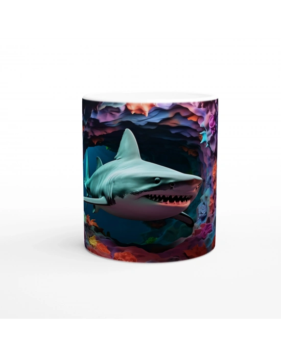 Derin Mağarada Köpekbalığı ve Renkli Mercanlar Su Altı Temalı Kupa Bardak