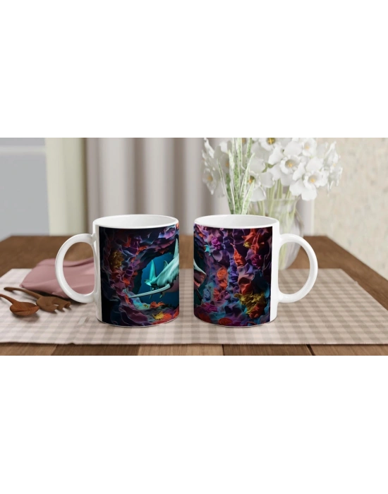 Derin Mağarada Köpekbalığı ve Renkli Mercanlar Su Altı Temalı Kupa Bardak