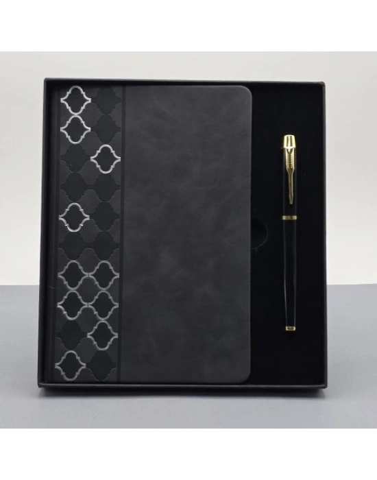 Desenli Siyah Deri Defter Kalem Set