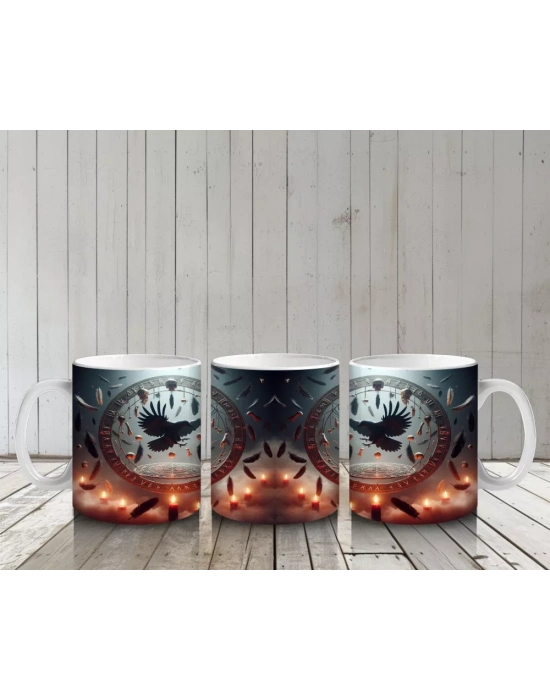 Dev Saat Önünde Oturan Siyah Kedi Figürlü Gotik Cadılar Bayramı Baskılı Kupa Bardak