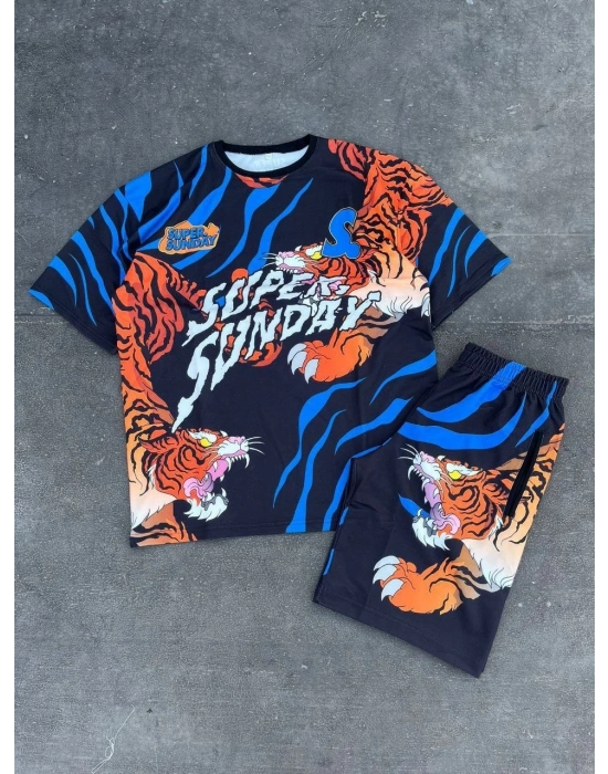 Dijital Baskılı Şortlu Takım - Mavi -