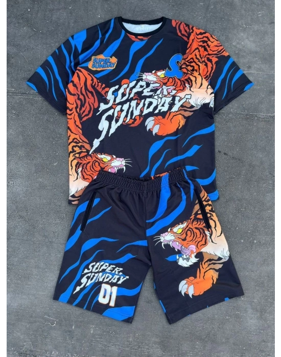 Dijital Baskılı Şortlu Takım - Mavi -
