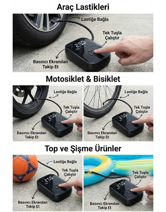 ® Dijital Şarjlı Araç Lastik Hava Pompası Kompresör Taşınabilir LED Ekranlı