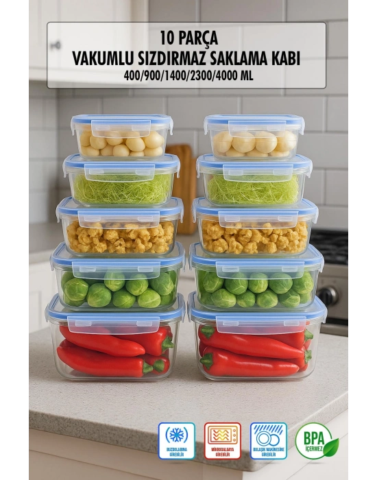 Dikdörtgen 10 Parça Contalı Vakumlu Sızdırmaz Hava Almaz Saklama Kabı Seti 2x(4000/2300/1400/900/400 Ml)